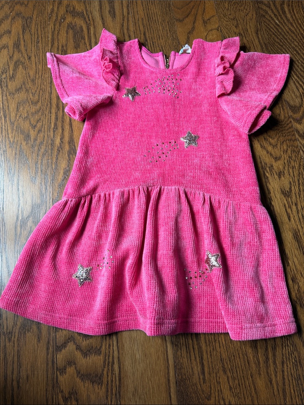 Truly Me Hot Pink Star Embroidered Ruffle Sleeve Dress